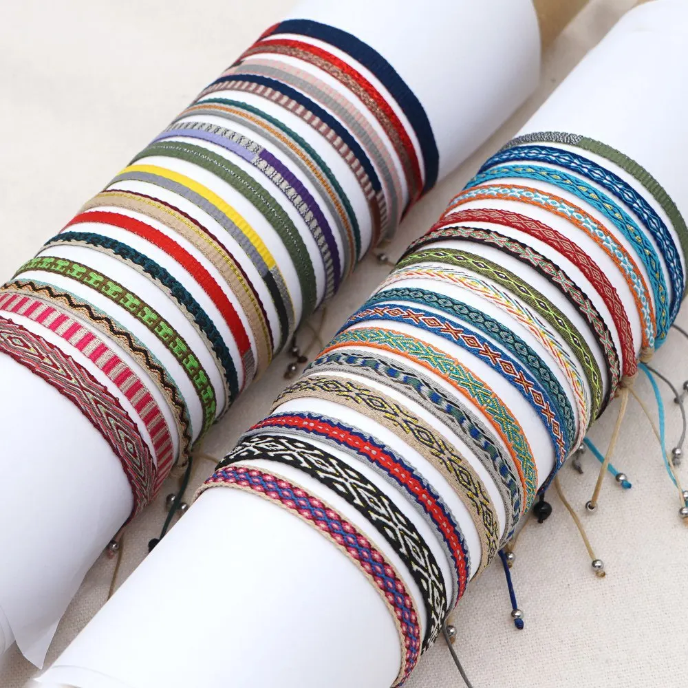 Bohemian Style Colombian Ethnic Adjustable Fabric Ribbon Woven Webbing Bracelets