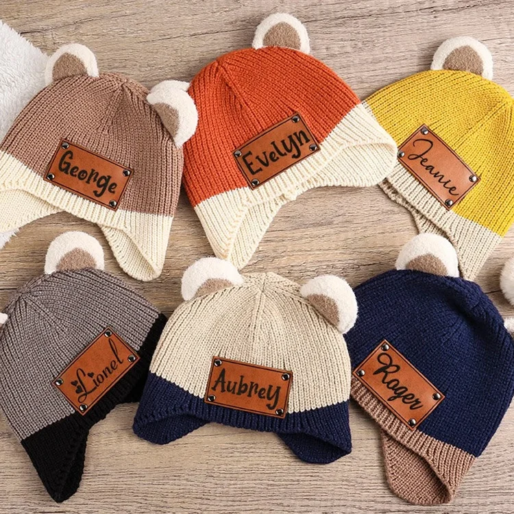 100% Wool Personalized Baby Beanie with Earflap Cute Warm