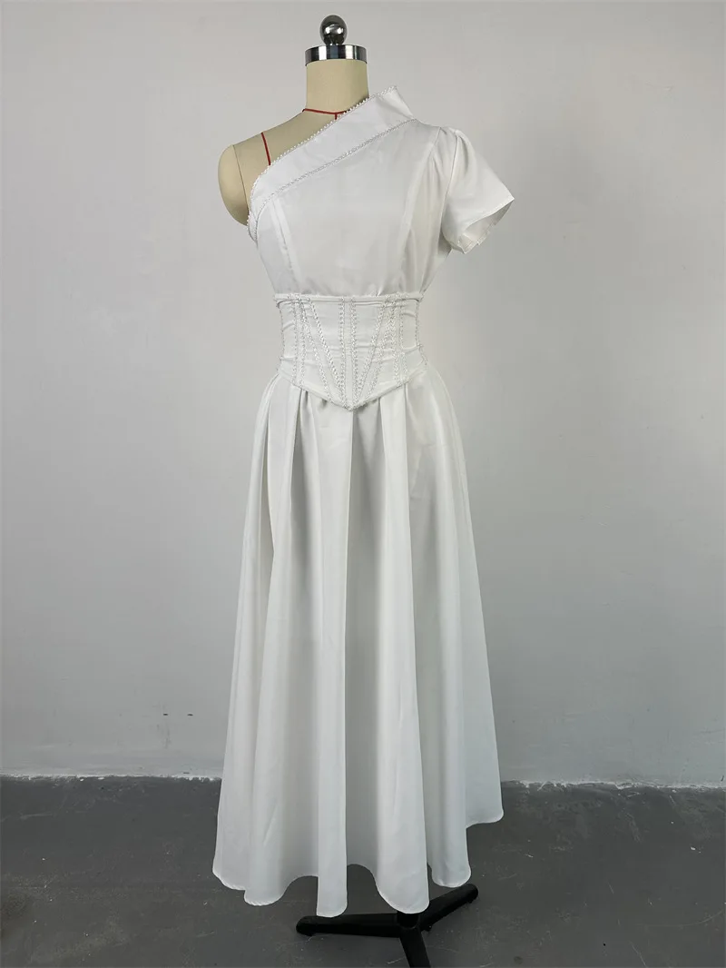 High Quality Diagonal Neckline Short Sleeved Waist Slimming White Dress ...