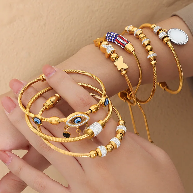 Fashion Bracelet  Stainless Steel Adjustable 18K Gold Plated   Heart Charm Beaded Bangle Bracelet for Women