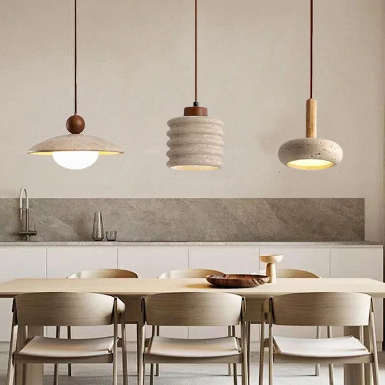 Natural Travertine Pendant Light Modern Wabi Sabi Stone Hanging Lamp Minimalist Dining Room Chandelier Wooden Accent Lighting
