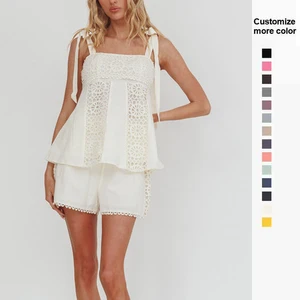 Casual Summer Shirt Set Hollow Out Sleeveless  High Waist Pants Embroidered Top  2-Piece  Women's Set