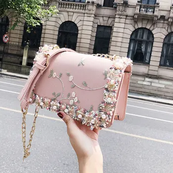 Fancy Clutch Handbag With Cute Charms,Pearl With Colorful Cloth Flower Design Purse,Pink Leather Satchels Handbags Women