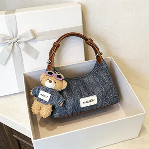 Denim Niche Design Shoulder Bag with Bear Women's 2026 New Exquisite Fashion Dumpling Bag Casual Crossbody Bag