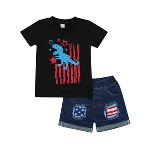 Independence Day Little Boys Clothing Sets Dinosaur Printed Short Sleeve T-shirt Denim Shorts Summer Clothing Sets