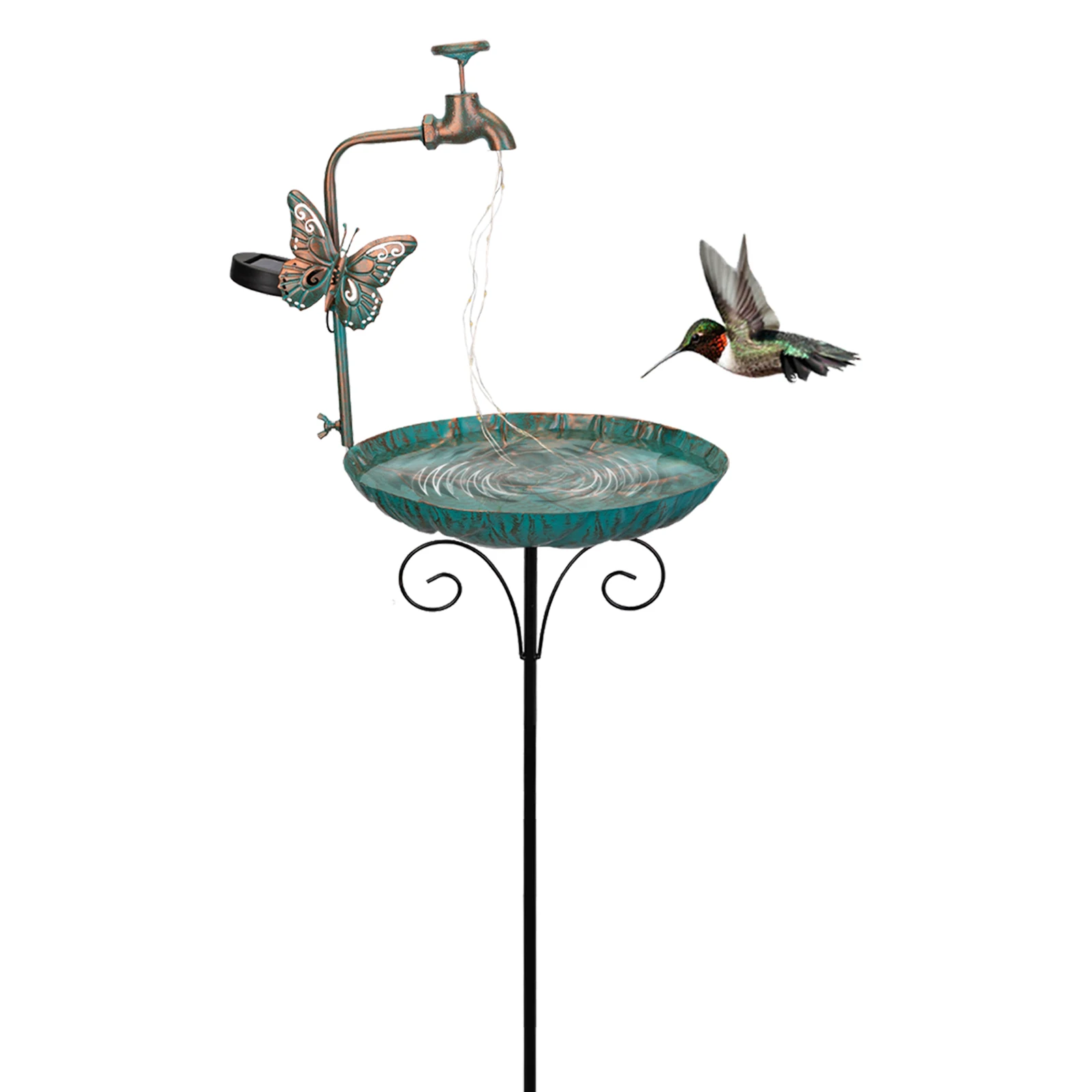 50 Height Solar Bird Bath with Metal Stake Antique Bronze Faucet Solar String Light Birdbath