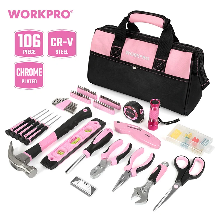 WORKPRO 106PC Home Repairing Tool Kit With Wide Mouth Open Storage Bag Household Pink Tool Set for Lady