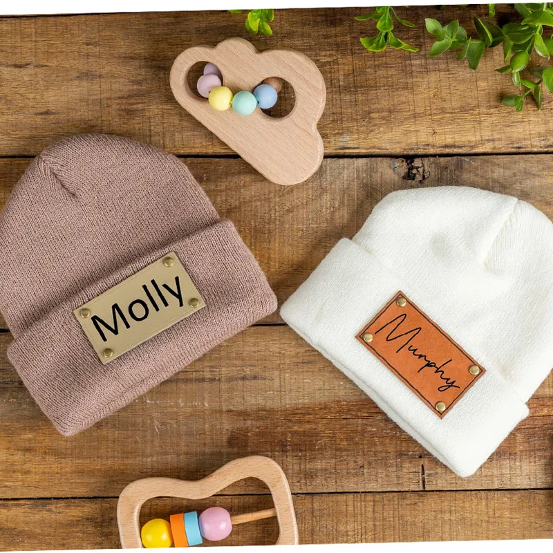 Personalized Leather Patch Beanies Name Baby Skullies Knit Custom Hat