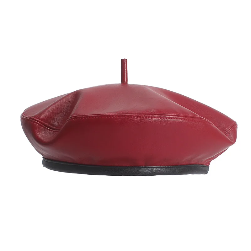 red leather beret hat