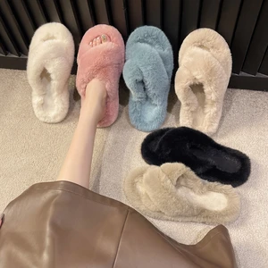 Promotion Multi Color Faux Fox Fur Women's Slippers Latest Fashion 2 Bands Soft Warm Furry Flat Indoor Furry Slippers