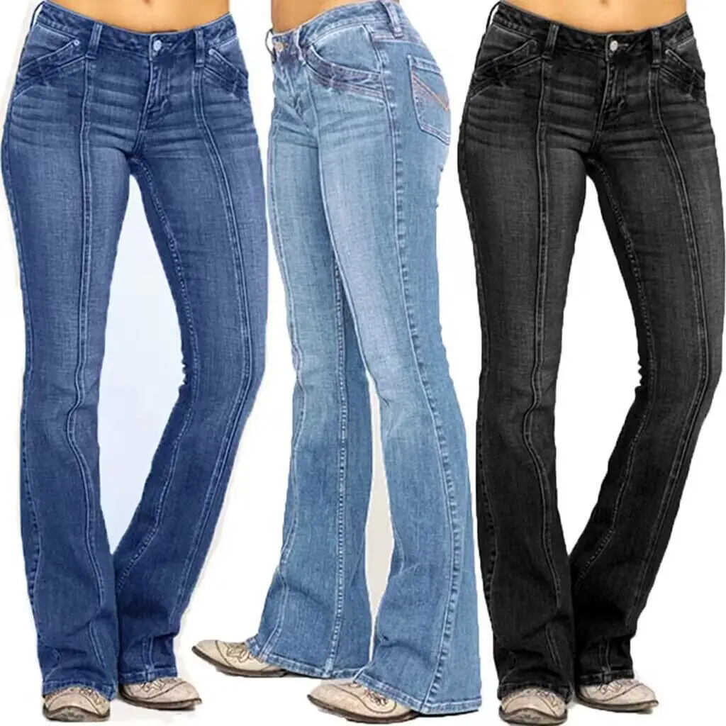 Women's Casual Denim Jeans - Wide-Leg Flared Bell Bottom Pants