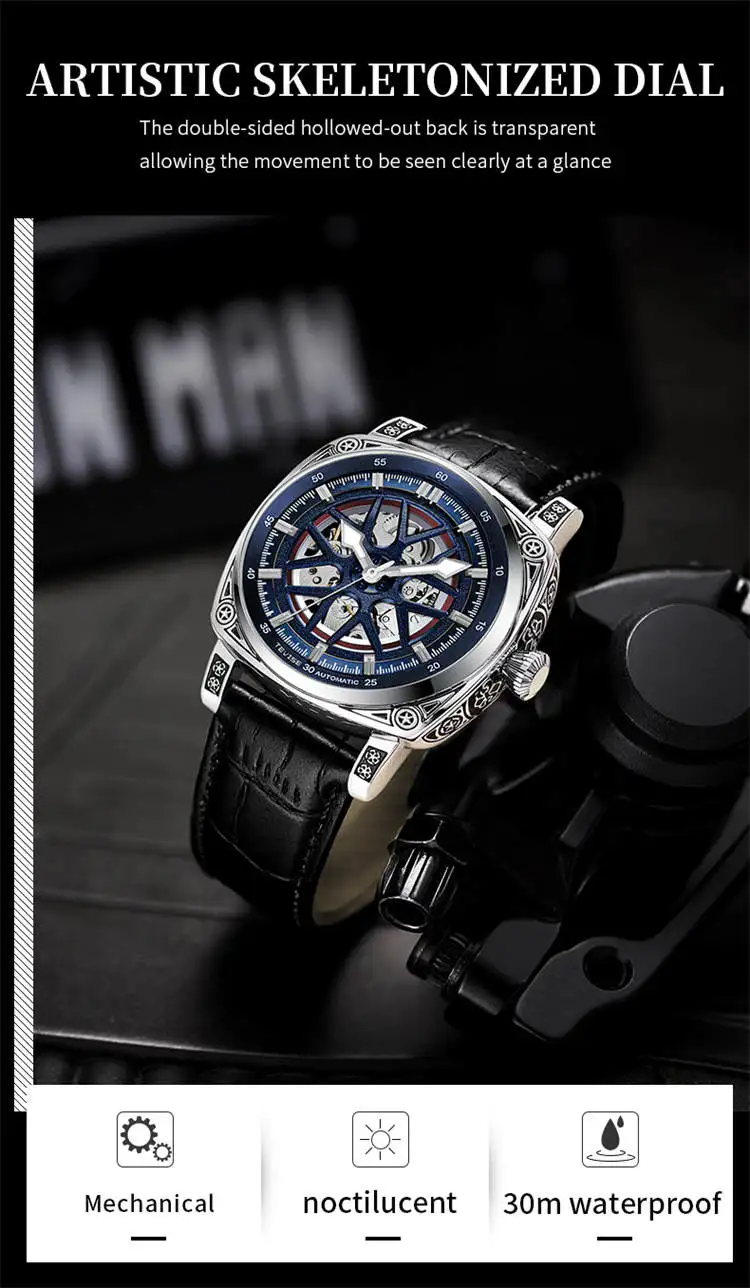 TEVISE  894G Special OEM Men Mechanical Watch ECO Genuine Leather Strap Automatic Hollow Out Luminous Business Watch Company