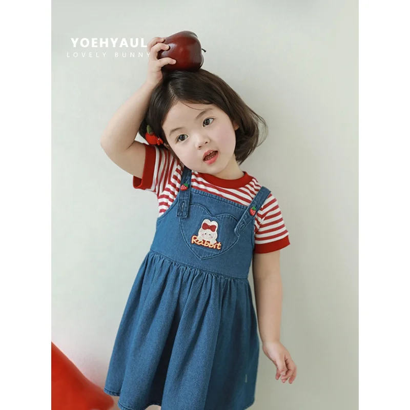 YOEHYAUL X4320 100%Cotton Summer Child Jeans Dress for Girls Custom  Wholesale Toddler 5Year Girls Overalls Denim Dress Kids
