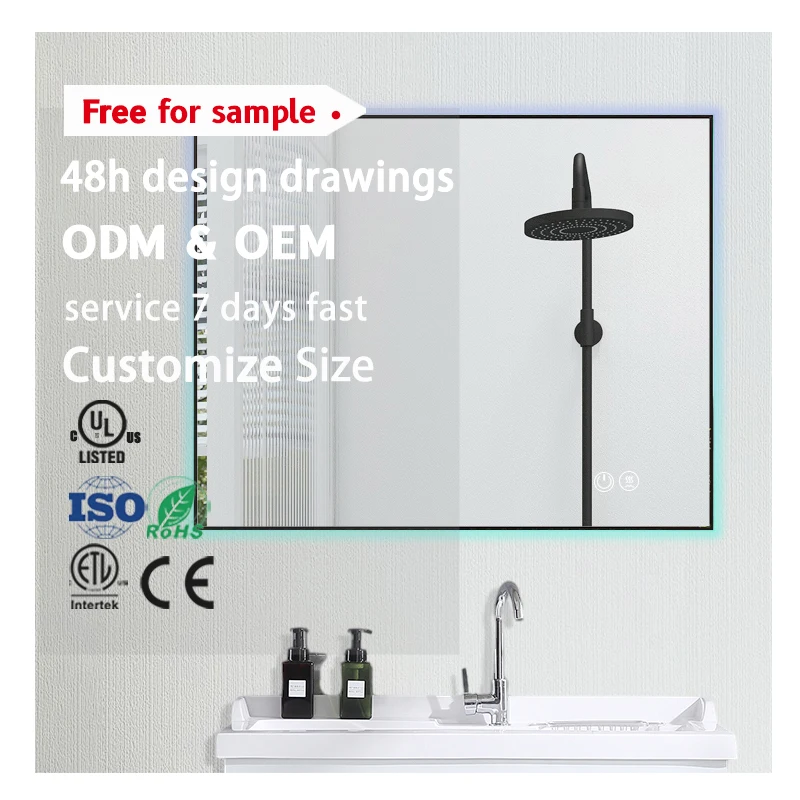 New Design Fashionable Rectangle RGB LED Safety Tempered Anti-fog Mirrors Customizable Smart Led Bathroom Mirror