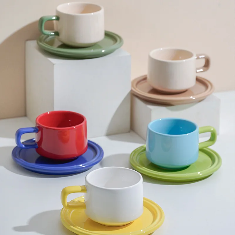 Solid color assorted ceramic tea set porcelain coffee cup and saucer milk cup with saucer in gift box