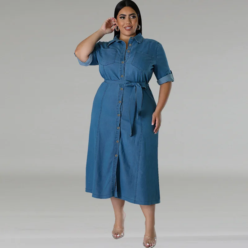 Y218602 High Quality Plus Size Denim Dresses Women Casual Turn-Down Collar  Long Sleeve Tied Mid Fall Jeans Dresses for Ladies