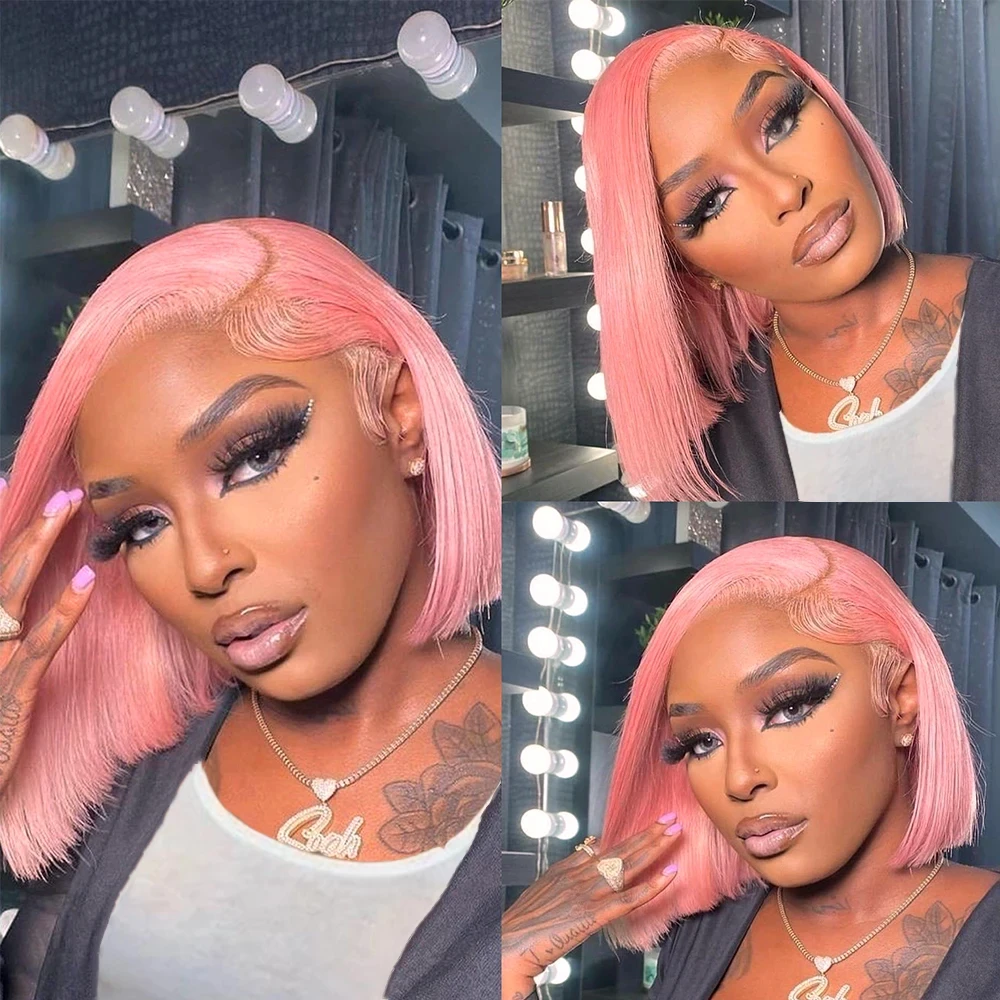 Pink Short Colored Bob 13X4 Straight Lace Front Human Hair