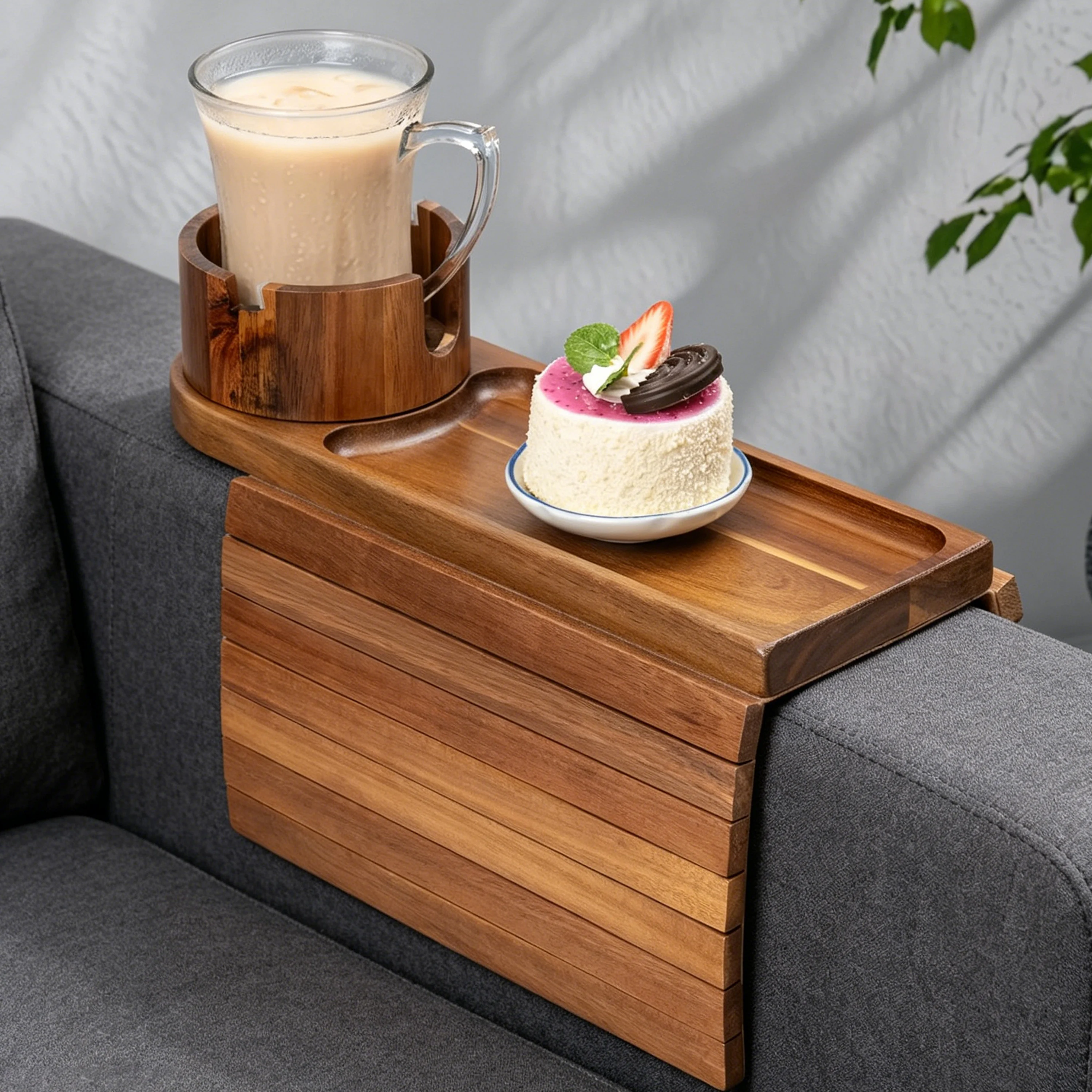 Wooden Sofa Armrest Tray Couch Arm Cup Holder Couch Side Tray With Cup Sofa Arm Table for Drink Snack  Multifunctional Tray