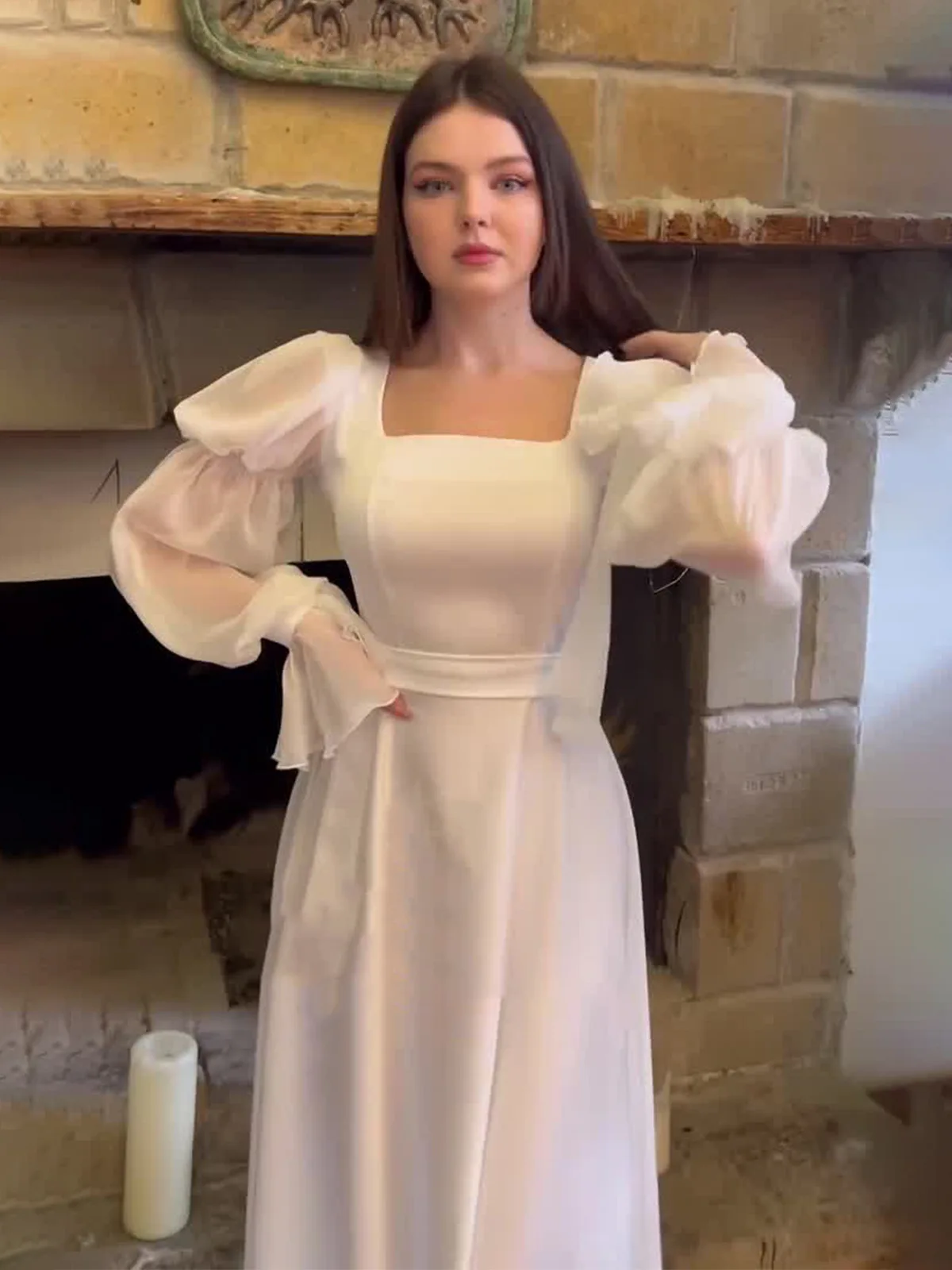 Spring 2025 French Style Sweet Holiday Dress White Square Collar Puff Sleeve Long Dresses Women Elegant Prom Party Dress Casual