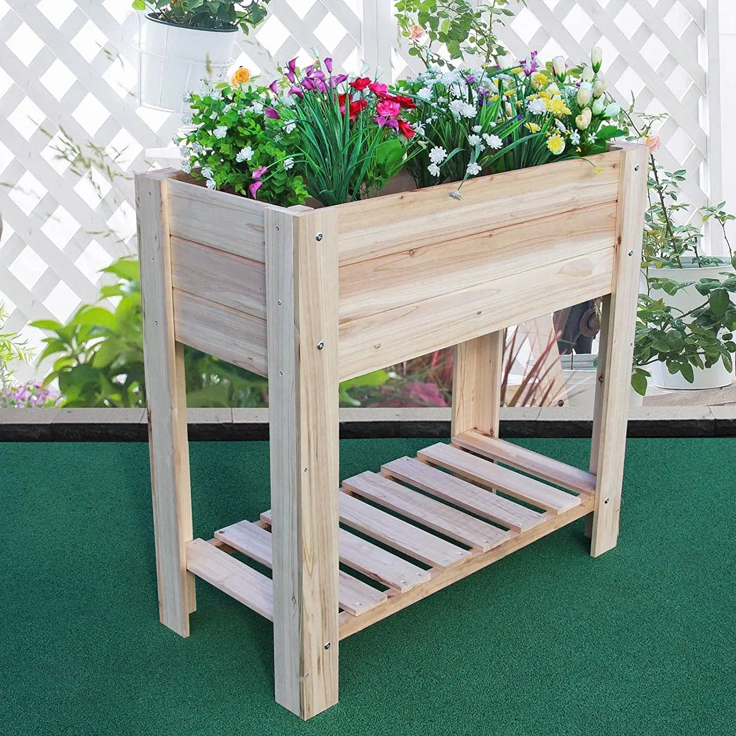 Wooden Elevated Garden Bed With Storage Shelf Raised Wood Planter Box ...