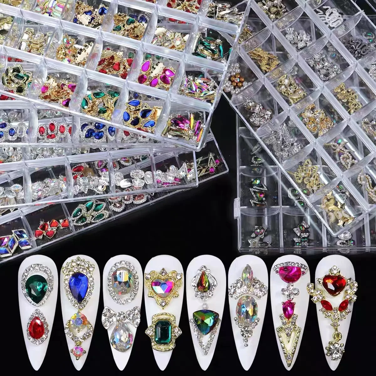 24 Grid Nail Supplies Jewelry with Rhinestone Charms 3d Nail Art Stickers Decoration for Nail DIY