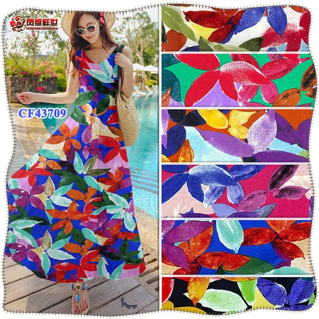Colorful Big Leaves high grade staple rayon printed fabric Spot and customized suppliers of clothing