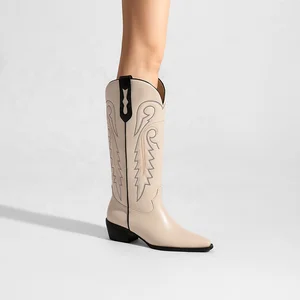 Cream Color White Western Knee High Boots with Embroidered Shaft and Black Contrast Trim Height Increasing Comfort Spring Boots