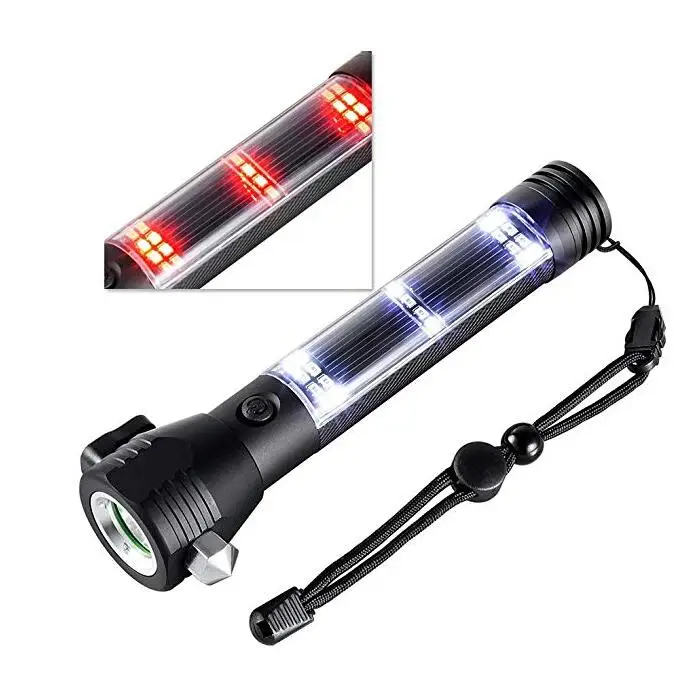 Camping Solar Tactical LED Flashlight Outdoor Super Bright Car Rechargeable Torch with Safety Hammer Flashlights & Torches