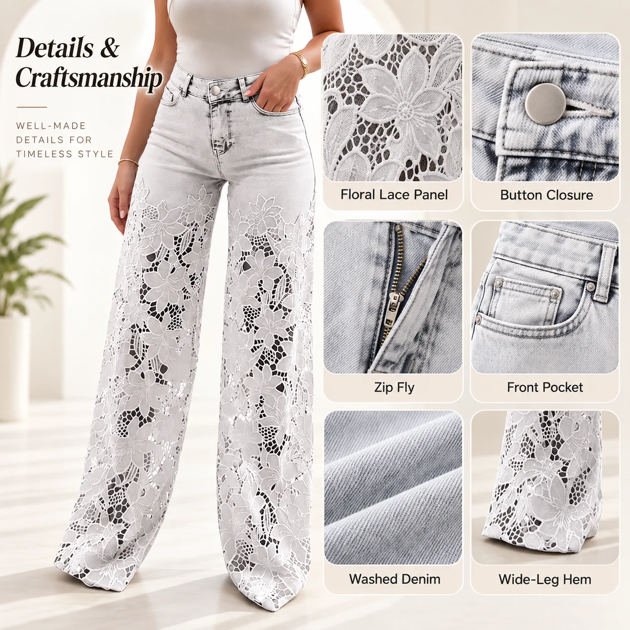Women's Clothing High-waisted Wide-leg Pants Stylish Versatile Hollow Lace Splicing Denim Jeans