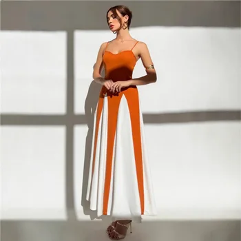 Women's Spaghetti Strap Evening Elegant Dress Patchwork Backless Contract Color Flowing Swing Full Maxi Dress for Summer