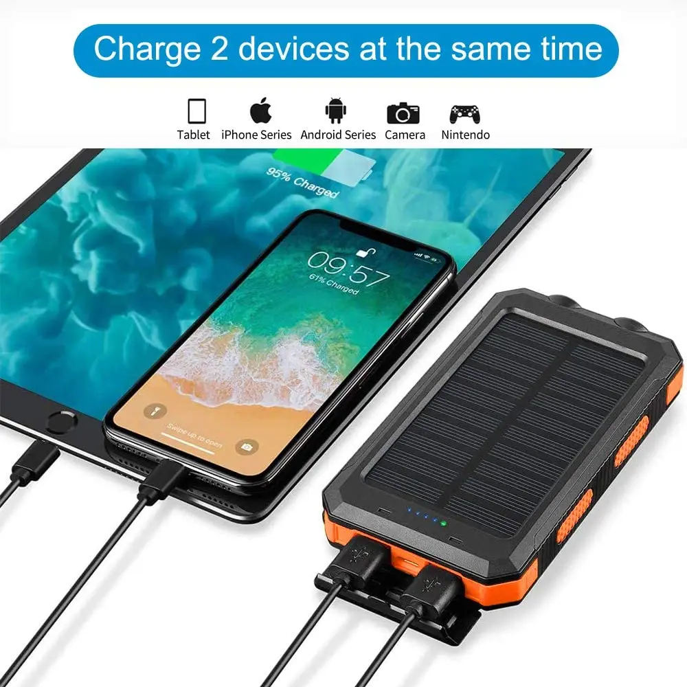 Водонепроницаемый внешний аккумулятор на солнечной батарее, 20000 мАч, 2 USB-порта