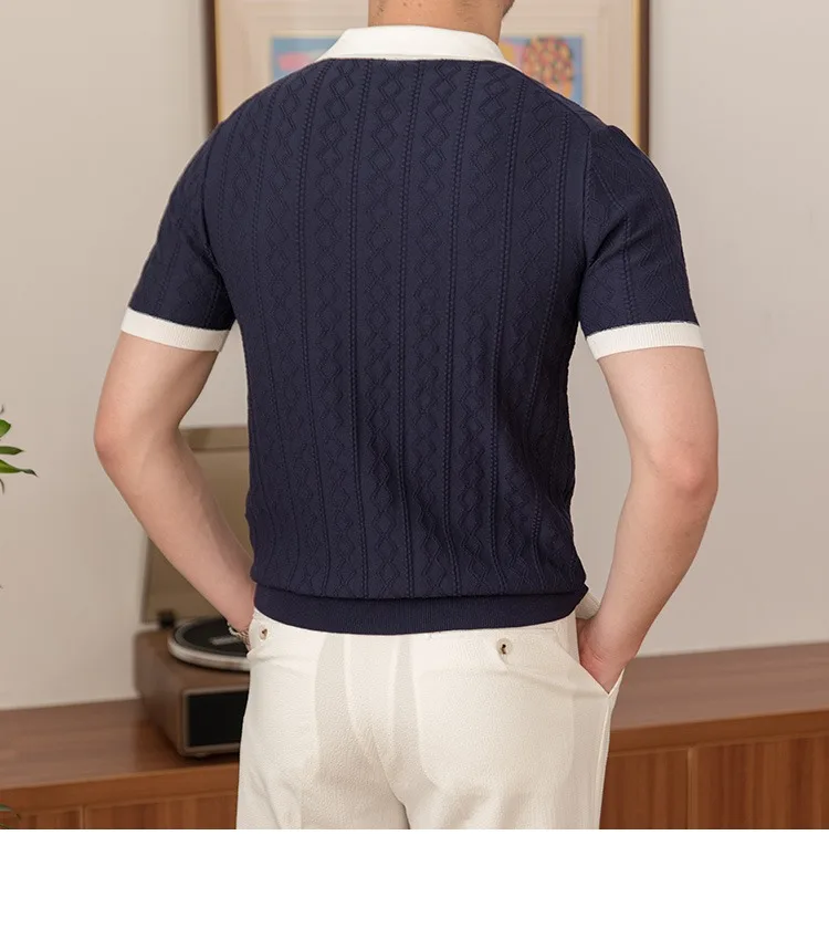 Summer breathable color matching fashion men's Polo shirt V lapel elastic jacquard texture slim short sleeve knitting