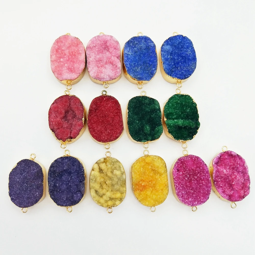 Customized Gold Edge Blue Red Yellow Rose Crystal Double Bails Pendant Free Form Oval Druzy Agate Geode Connector for Bracelet