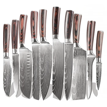 Damascus Chef Knife Manufacture 10 Pieces Japan 8 Inch Stainless Steel Wooden Handle Kitchen Knife Set