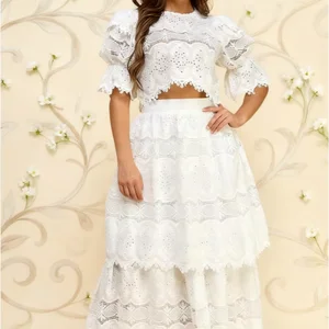 Women's Casual Boho Chic Summer Two-piece Set Solid Loose Short Sleeve Lace Embroidered Hollow-Out Co-Ord Tiered Long Skirt XL