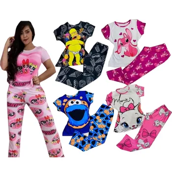 New Arrival Women cartoon characters night wear sleepwear 2 Piece Pajamas short sleeve long Pant Set