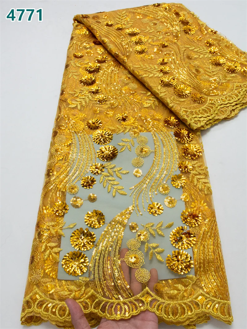Gold African Sequined Lace Fabric 2026 Wholesale French Tulle Mesh Lace for  Women Party Dresses Sewing 4771