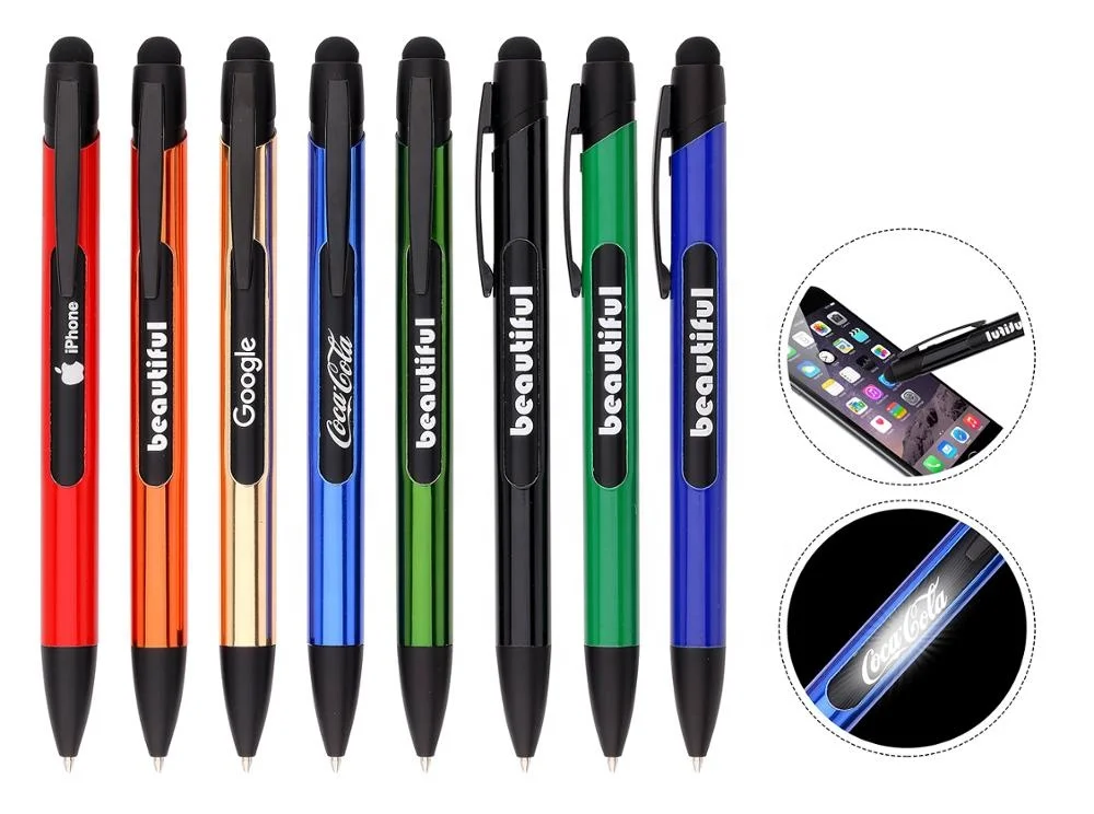 Soft Touch Screen Stylus Pen Active Custom logo Printed Promotional Black Blue Led Ballpoint Pens With Custom logo Led