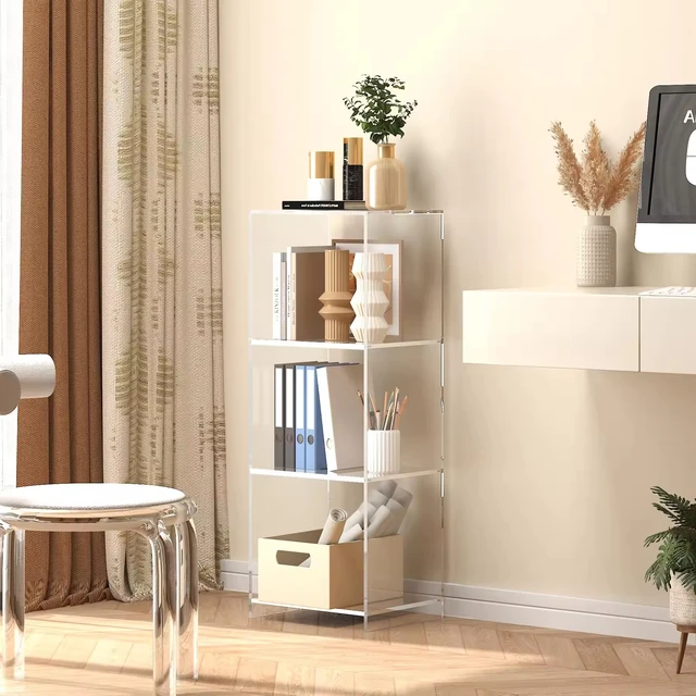 Three Tier clear Acrylic Bookshelf Living Room Floor Standing Bookshelf Transparent Display Rack Cube Storage Rack