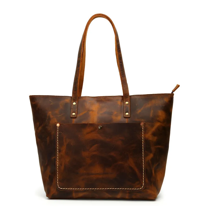 ladies vintage tote crazy horse leather large capacity sling bag high quality genuine leather handbags