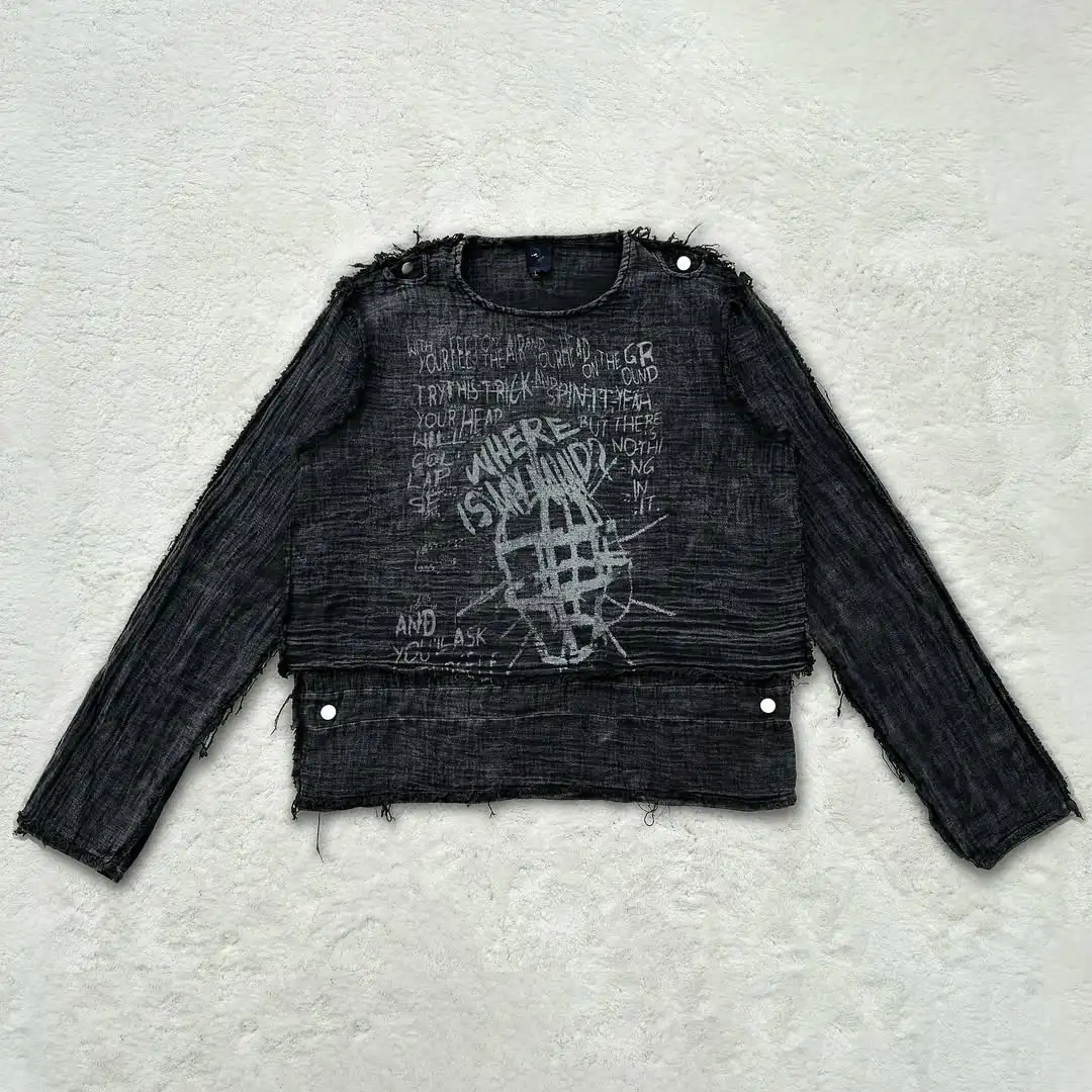 Hoë-end aangepaste mannetjies dubbel-laag langmou-T-hemp met beskadigde vintage afwerking DTG direkte drukwerk swaar straatstyl
