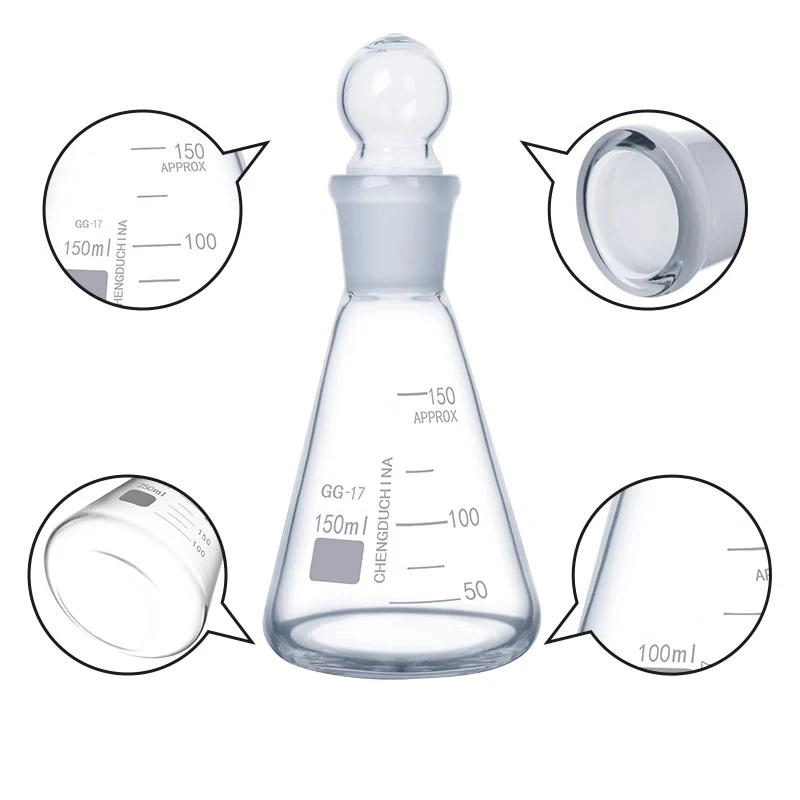 2024 New KRC Lab Graduated Ground Stopper Glass Erlenmeyer Conical Flask Triangle Shape Flask with Standard Mouth Joint