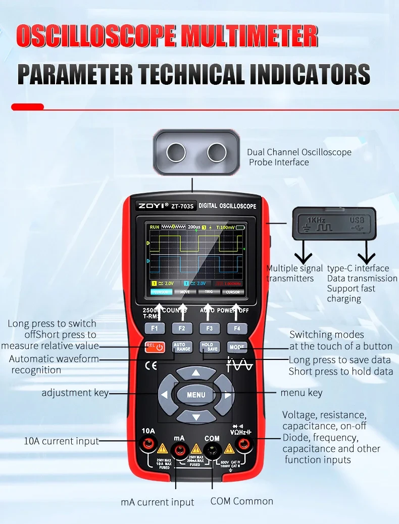 Signal Generator 25000 Counts Multimeter Digital Oscilloscope 3 in 1 ZOYI ZT703S