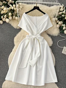 Women's Lace up Party Dresses Summer Draped Solid Woven Breathable Eco-Friendly V-Neck Short Sleeve