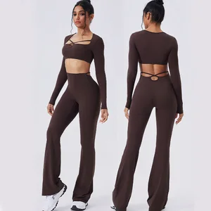 Roregal Women's Brushed Yoga Long-Sleeve Crop Top High-Waisted Flared Leggings Set Yoga Wear Fitness Gym Set