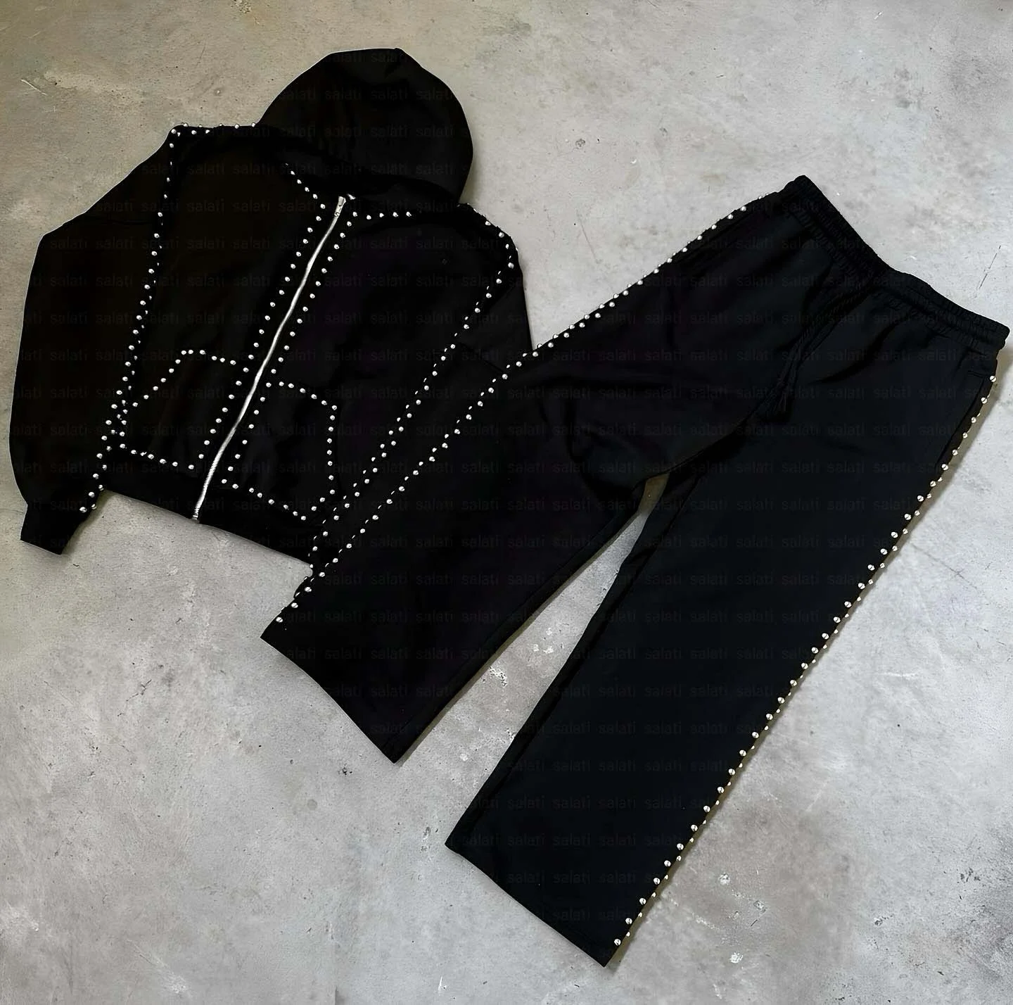 Custom Men Winter Zip Breathable Hoodie Jogger Sweatpants Blank Embroidery Tracksuit Rivet Lightweight Flared Stacked Unisex gallery 2