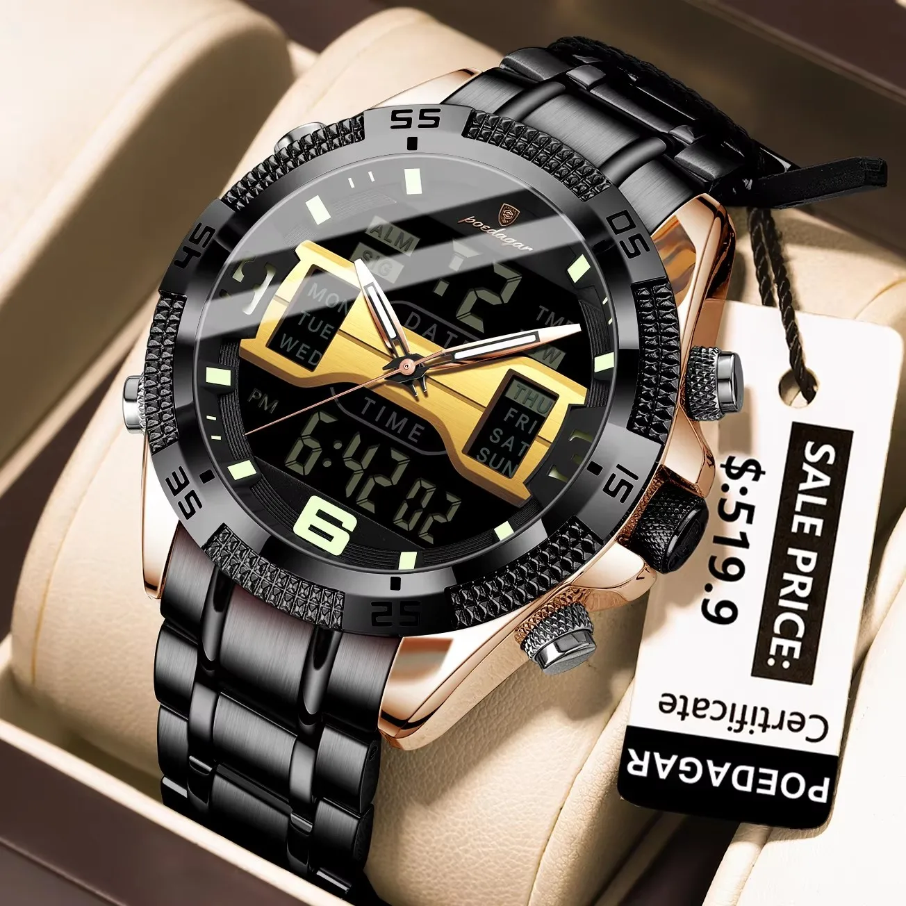 POEDAGAR E103 LED Luxury Men's Sports Dual Time Display Watch