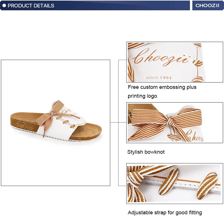 Choozii Free Custom Embossing Logo Ladies Slippers Leather Upper Cork Sole Fashion Outdoor Slides Slippers for Women