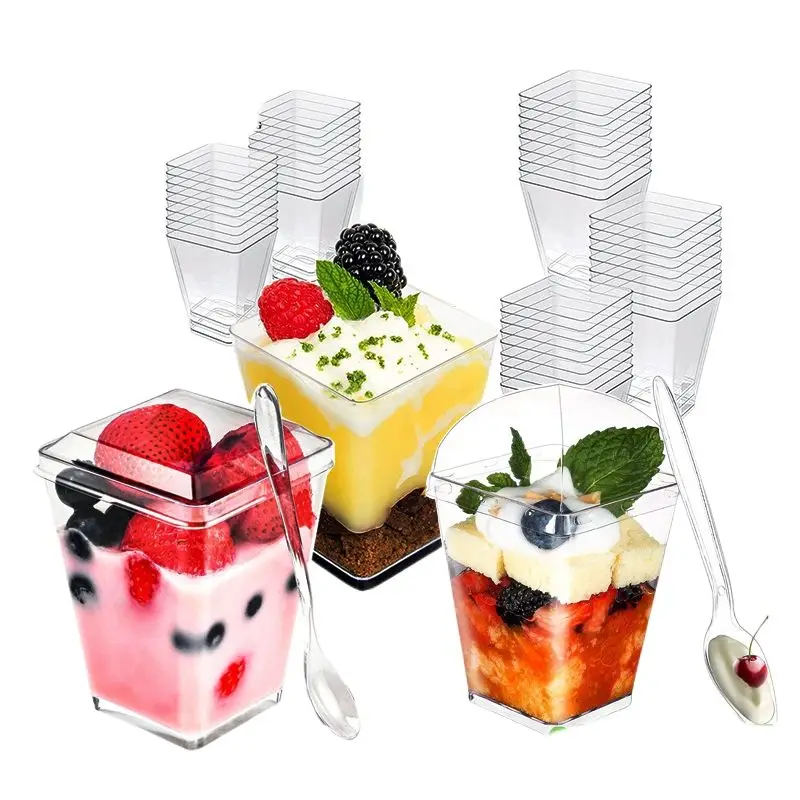 Hot Selling Food Grade Disposable Plastic Jelly Cup with Lid Transparent square Shaped Mousse Cup