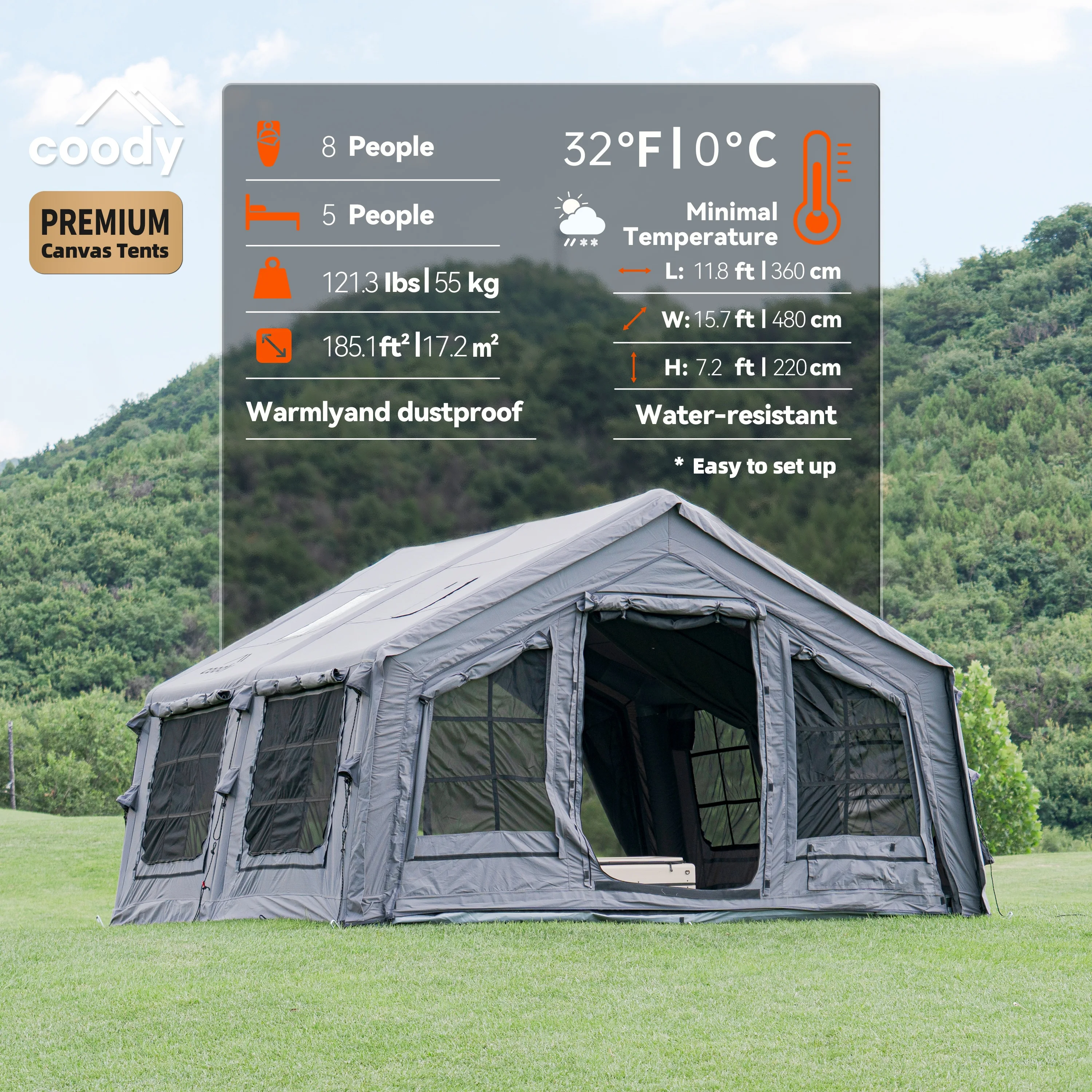 Coody Familia 17.2 エアテント - グレー大型キャンプ用UV保護